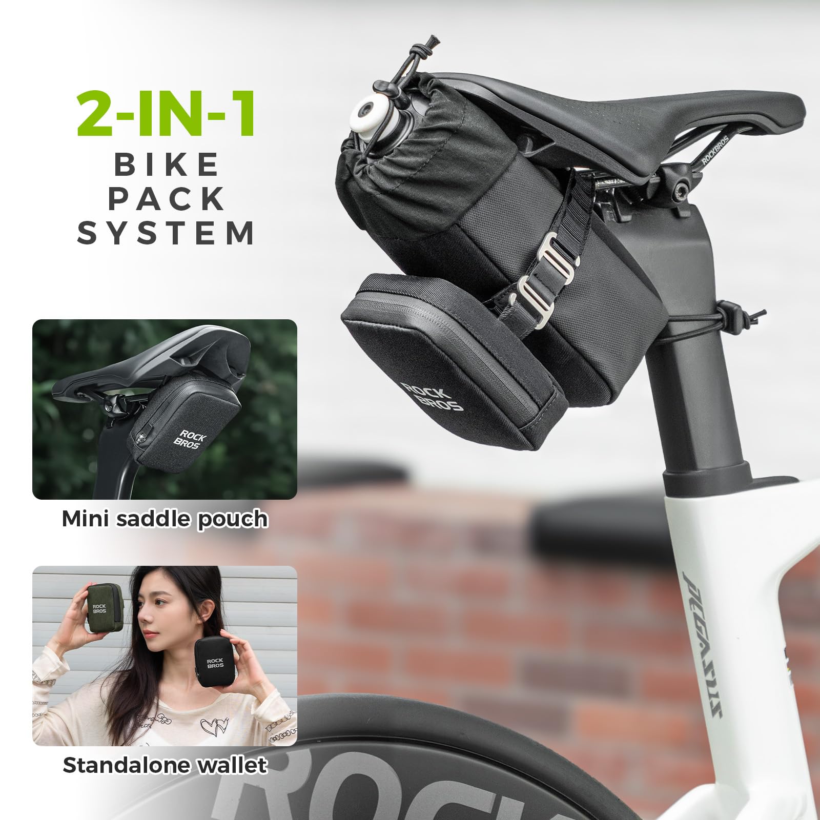 ROCKBROS Borsa da Sella Bici 2-in-1, Borsa per bottiglie 0,7L e Borse Piccola Sottosella Bici 0,3L, Regolabile e Rimovibile, per Mountain Bike MTB Biciclette, Nero