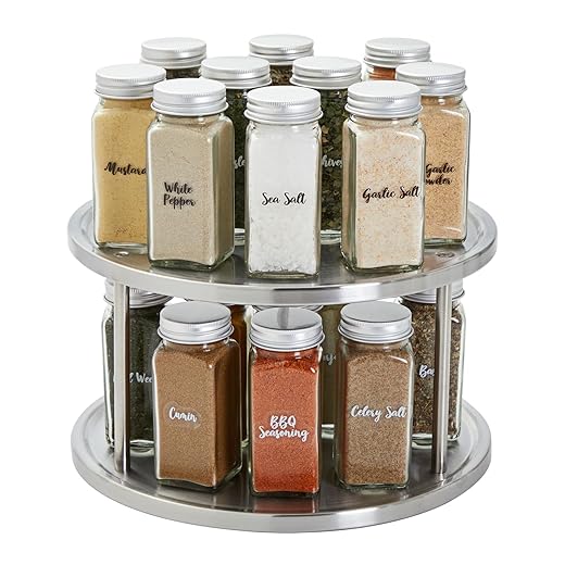 Two Tier Rotating Kitchen Organizer, Lazy Susan Spice Rack, Pantry Turntable Storage, (Stainless Steel, 10.5" Diameter)
