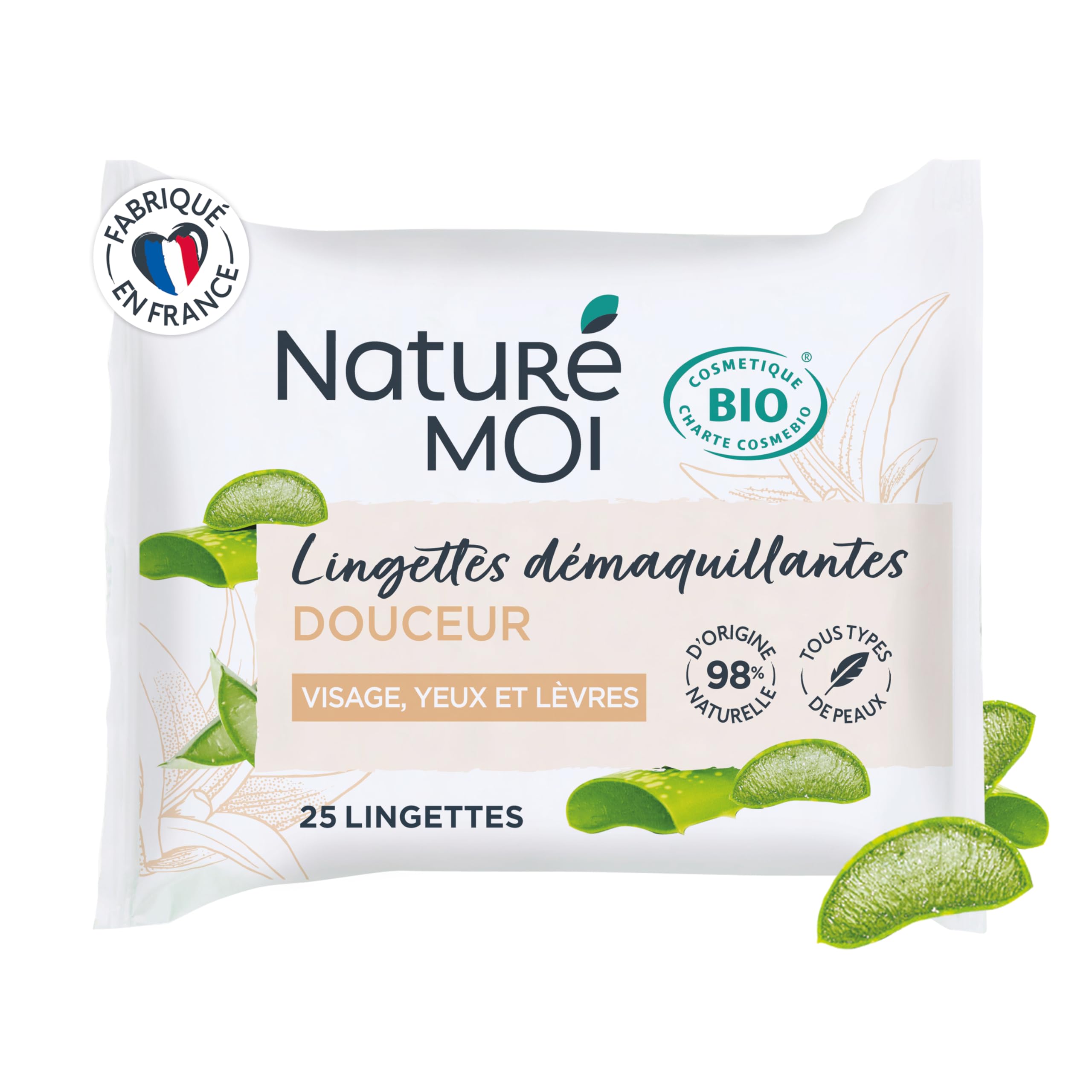 Naturé Moi – Toallitas desmaquillantes – Desmaquillante facial, ojos y labios – 25 toallitas de algodón 100% natural – Aloe Vera Bio – 98% de origen natural – Fabricado en Francia