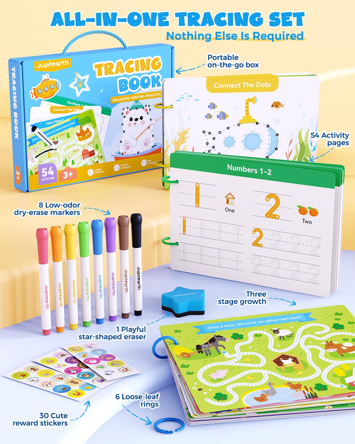 Activités d'apprentissage préscolaire, 54 pages réutilisables, livres de traçage pour enfants de 3 à 5 ans, livre d'activités pour tout-petits, cahiers d'exercices d'écriture pour la maternelle, jouet