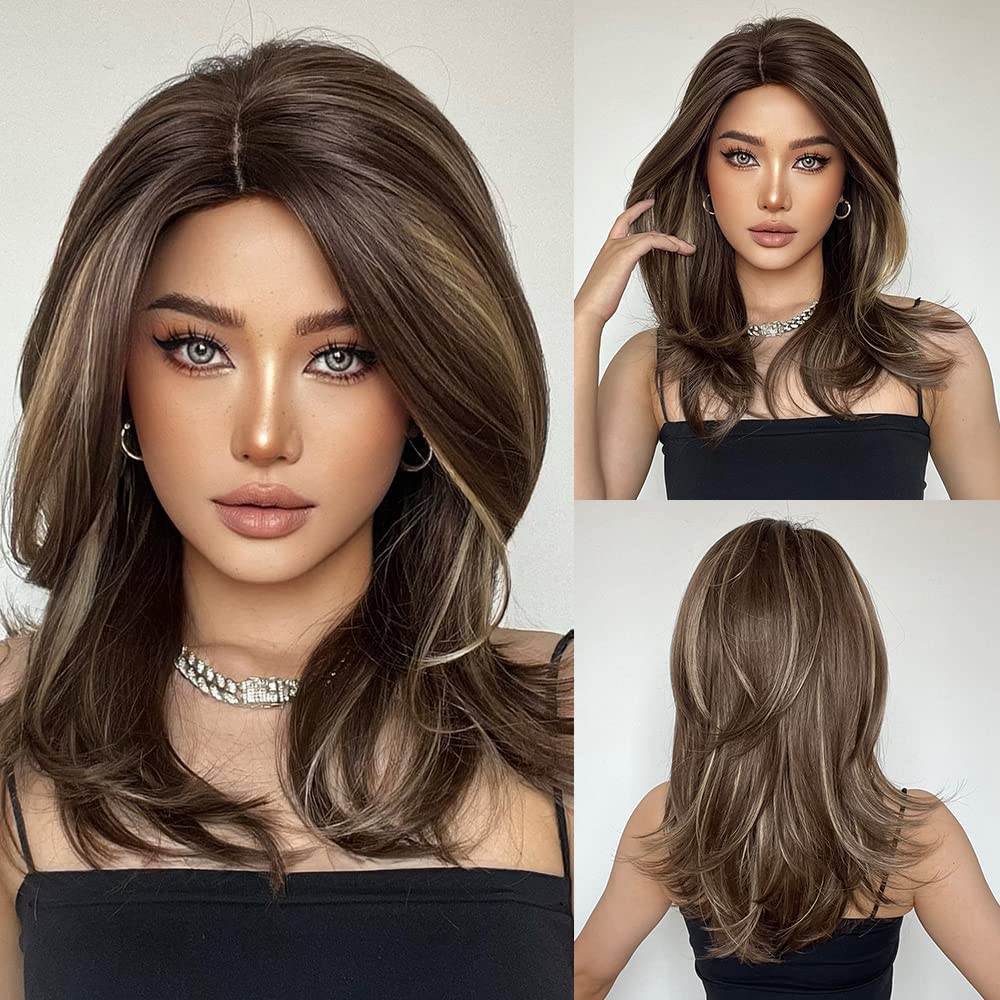 HAIRCUBE Brown Wigs for Women Light Brown Highlights Blonde Wig Natural Shoulder Length Layered Synthetic Wig for Daily Use HAIRCUBE Brown Wigs for Women Light Brown Highlights Blonde Wig Natural Shoulder Length Layered Synthetic Wig for Daily Use
