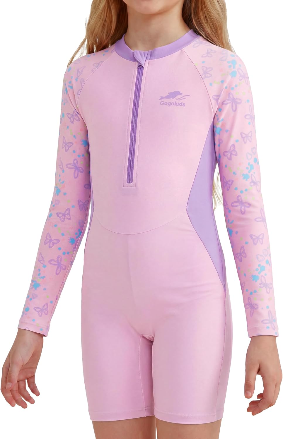 Gogokids Girls Swimsuit One Piece Rash Guard Long Sleeve Front Zipper Swimwear UPF 50+ Sun Protection Bathing Suits
