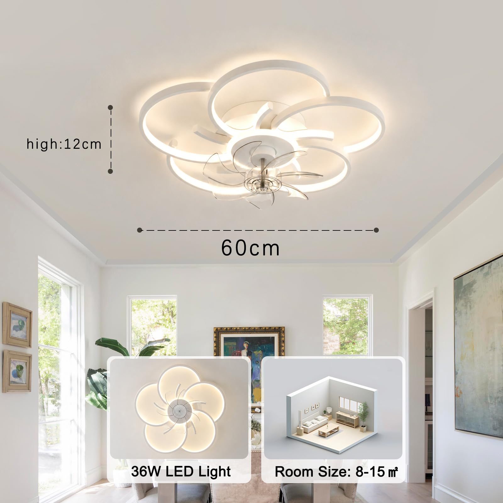 Bianco Lampadario Ventilatore LED Silenzioso Dimmerabile con APP,36W Ventilatore da Soffitto con Luce e Telecomando,6 Velocità,Reversibili,Timer,per Camere da Letto e Soggiorni