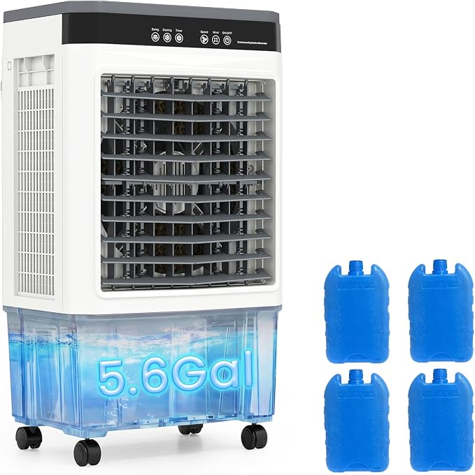 VCJ 1800CFM Evaporative Air Cooler, 5.6 Gal 3 IN 1 Windowless Portable Swamp Cooler Air Conditioner,120° Oscillation, 3 Speeds, 12H Timer, 4 Ice Packs, Air Cooling Fan for Bedroom Room Office Garage
