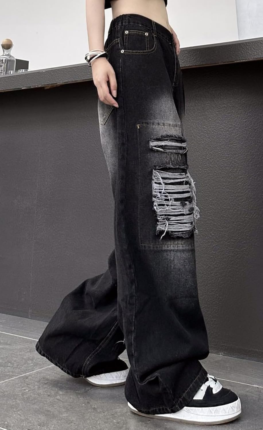Hopecn Baggy Y2K for Women Ripped High Waisted Aesthetic Jeans Wide Leg Grunge Pants Casual Hip Hop Streetwear