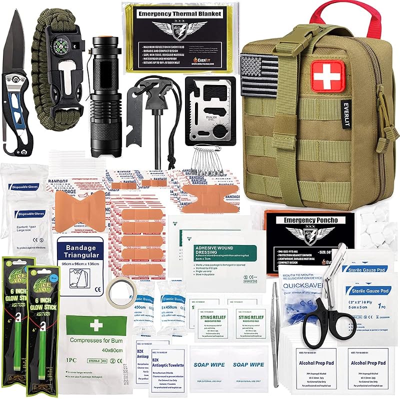 Botiquín de primeros auxilios de supervivencia de 250 piezas | Kit de supervivencia al aire libre IFAK, equipo de emergencia para acampar, senderismo, caza, preparación para emergencias contra terremotos