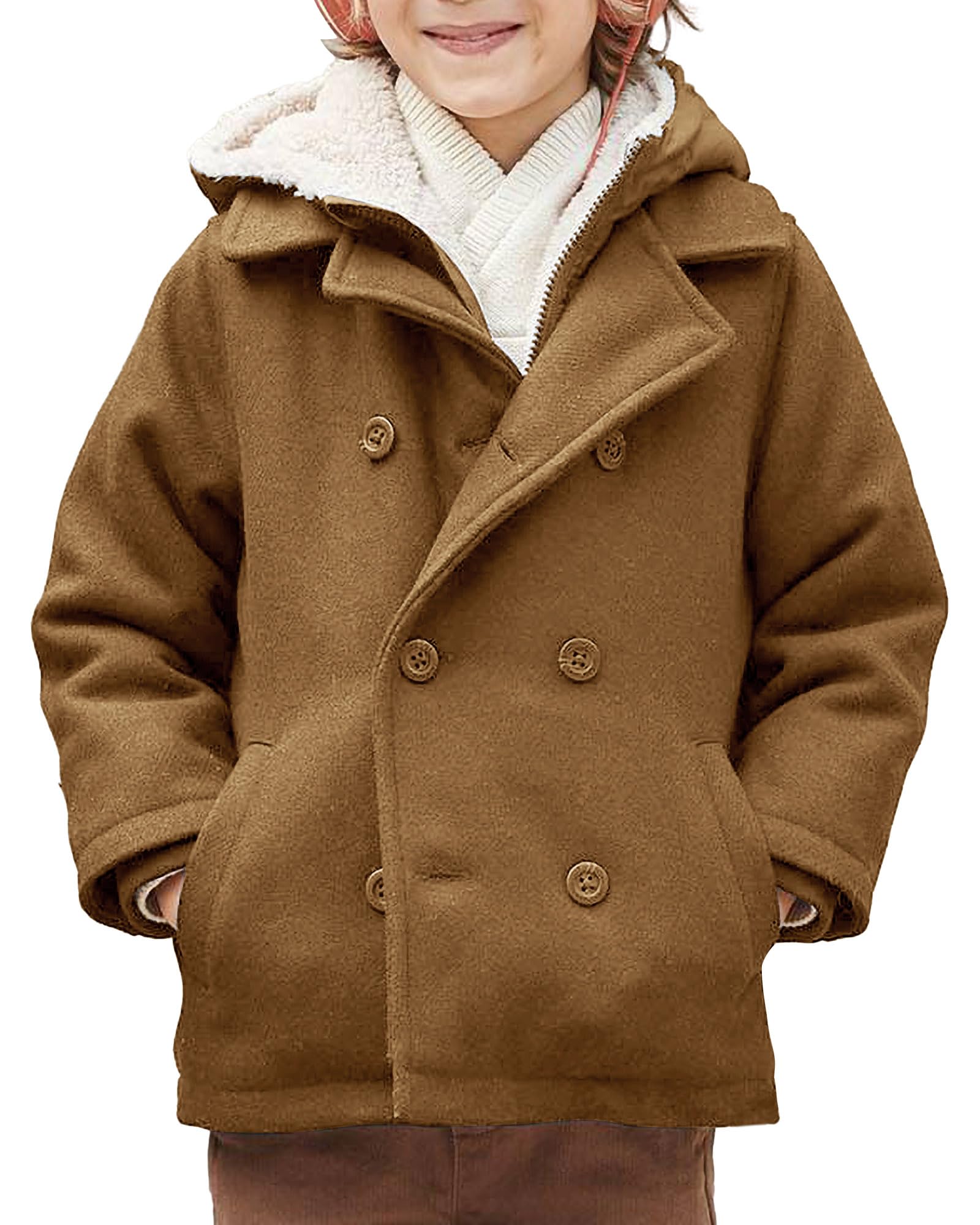 Haloumoning Boys Wool Blend Winter Coat Notched Collar Double Breasted Hooded Pea Coat Warm Outwear