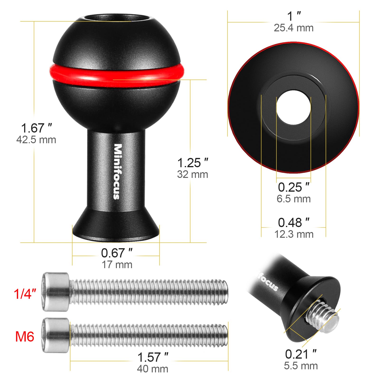 MINIFOCUS Adaptador de bola de 1" con rosca M6 y 1/4", aleación de aluminio, adaptador de montaje de cabeza de bola fija para cámara de acción y videocámara, compatible con soporte de bandeja