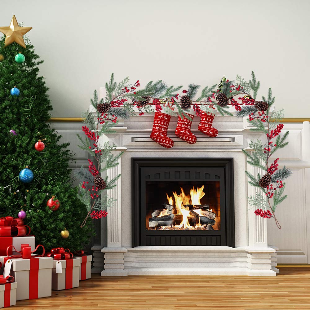 Künstliche Weihnachtsgirlande mit Fichtenzypresse, Tannenzapfen, rote Beerengirlande, Wintergärlande, für den Urlaub, Kamin, Tischläufer, Tischdekoration, 1,8 m