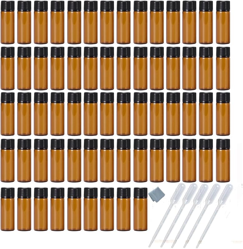 Elfenstall Frascos de Vidro Âmbar de 5 mL com Redutor de Orifício e Tampa Rosqueável, Pacote com 50 e 5 Frascos Conta-Gotas de 3 mL