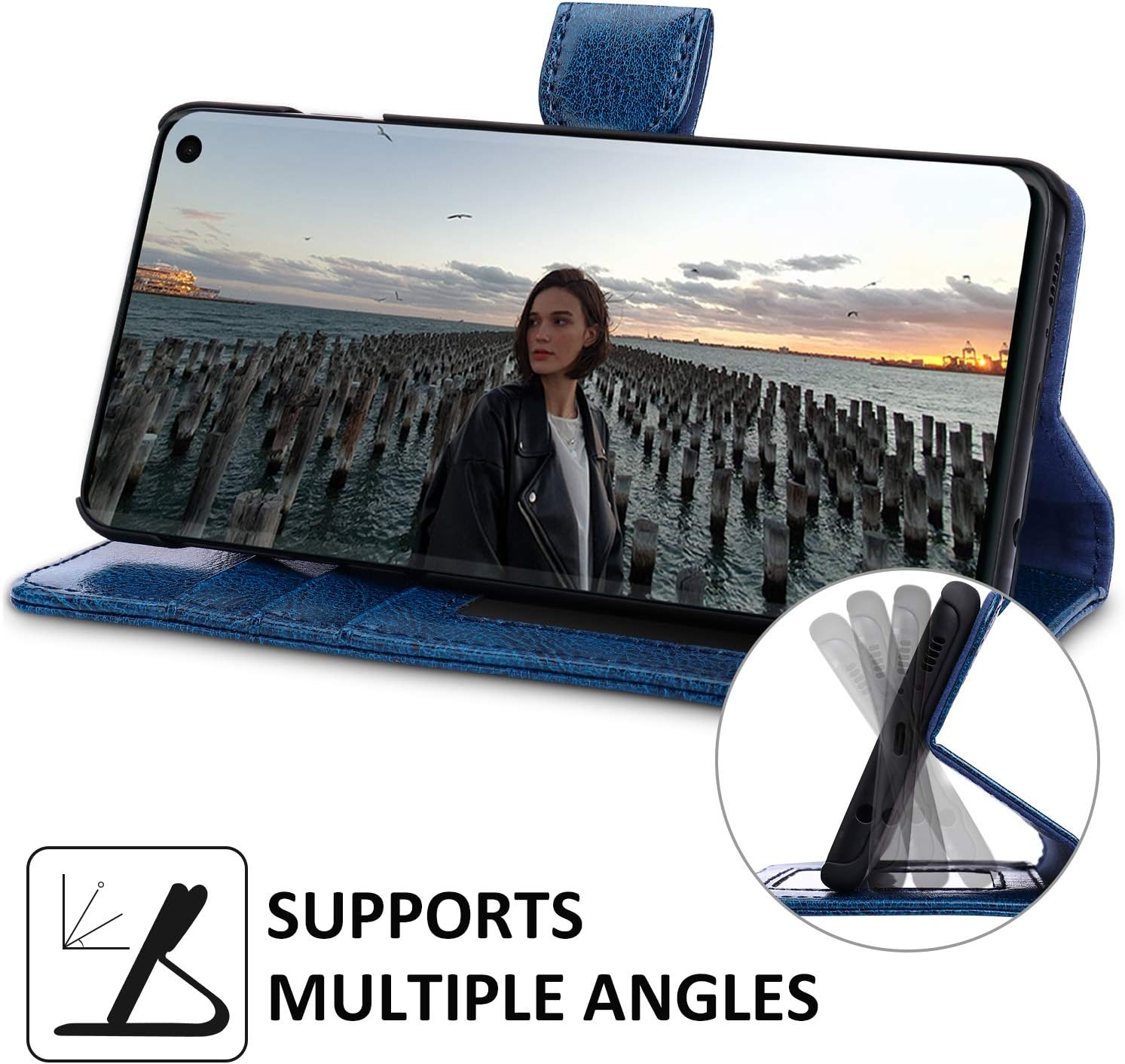 Samsung Galaxy S10 Wallet Case, labato Galaxy S10 Genuine Leather Flip Folio Protective Case Cover with Stand Function Magnetic Closure Card Slots Support Wireless Power Share for Galaxy S10 Blue