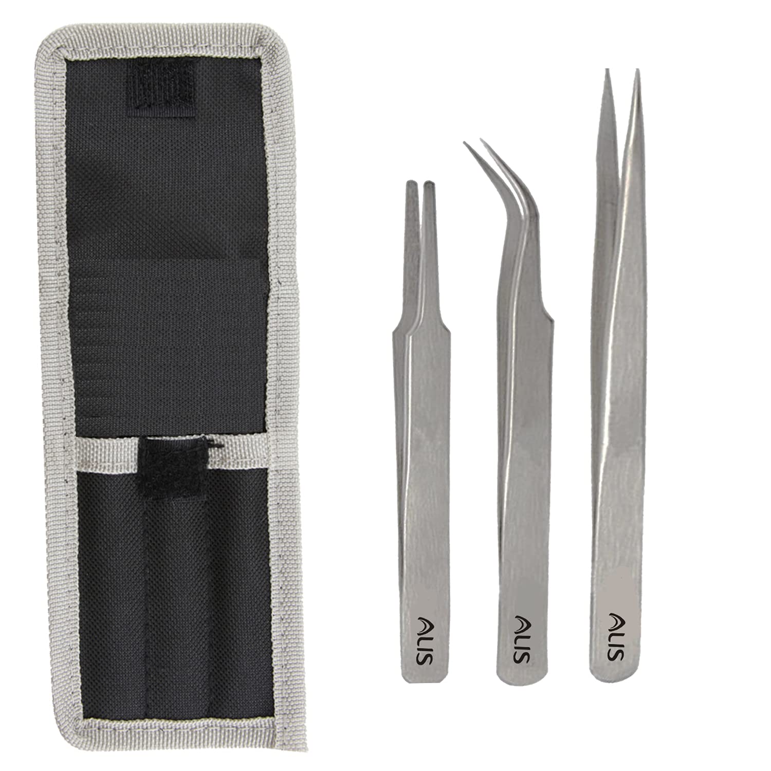 3 In 1 Stainless Steel Tweezer Set Straight and Curved Tips Tweezers Kit with Pouch (Stainless Steel 3 PCS)