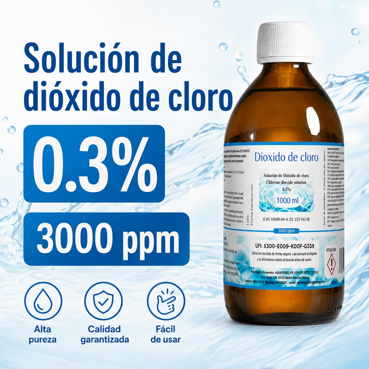 Dioxido de Cloro 3000ppm - CDS 0,3% - Envasado en Botella Cristal Ambar - Fabricado en España (1000ml)