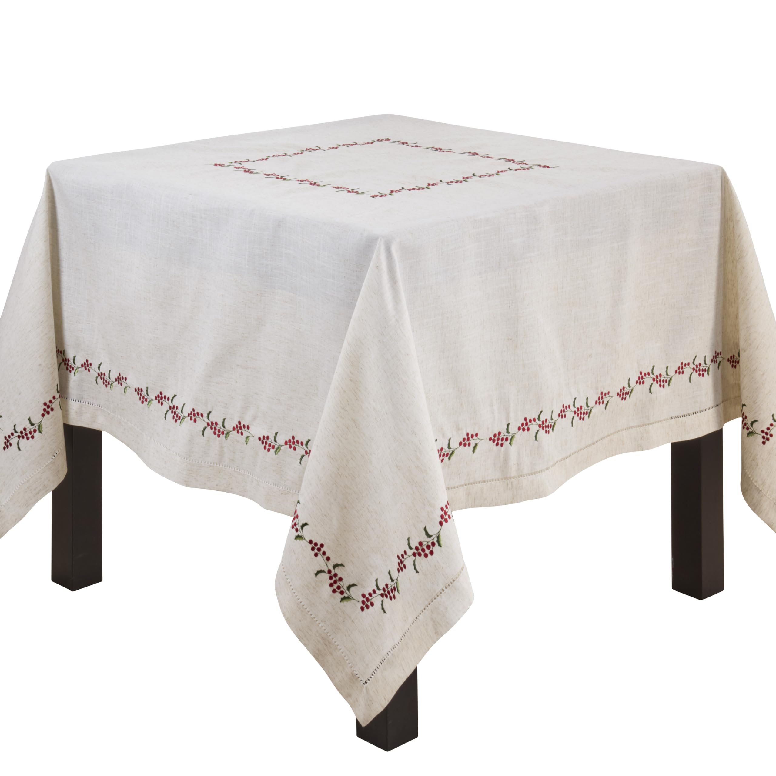 SARO LIFESTYLE Holiday Berry Embroidered Tablecloth - Festive Everyday Tablecloth with Holly Berry Border Embroidery for Christmas Dining Tables and Holiday Entertaining, 72"x72", Natural