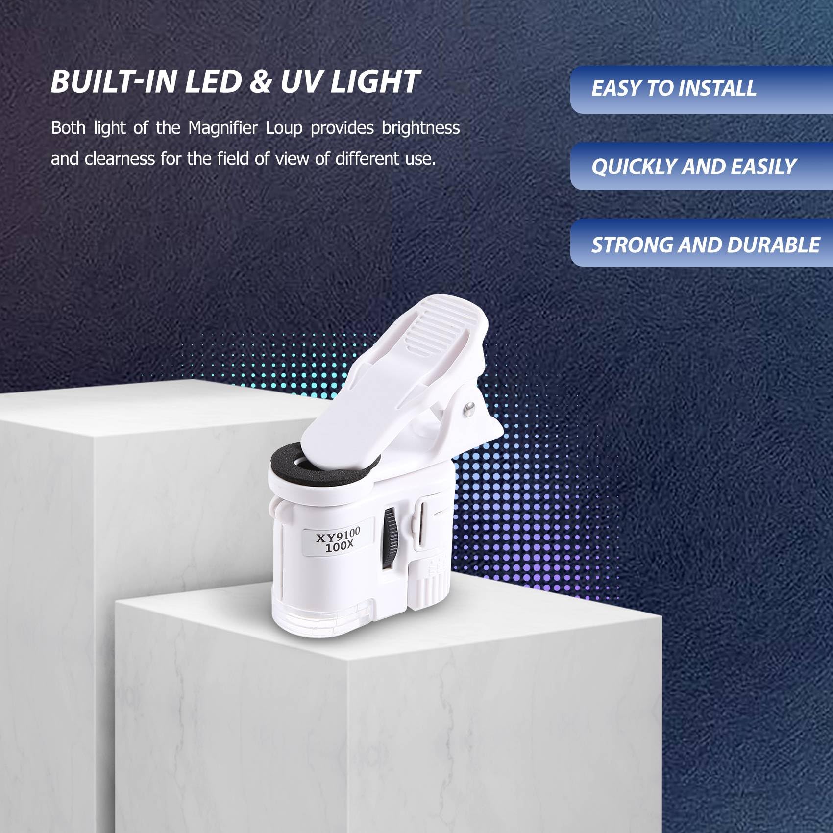 Luejnbogty 100X Zoom Clip-on Microscope with LED Light, Portable Magnifier Loupe Pocket Magnifying Lens Glass