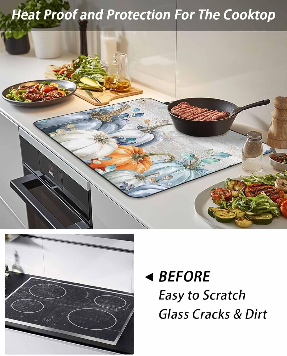 Fall Pumpkin Stove Top Covers for Electric Stove, Grass Green Eucalyptus Wood Grain Glass Ceramic Stove Cover Foldable Rubber Mat Heat Resistant Cooktop Protector for Kitchen 31''x24''
