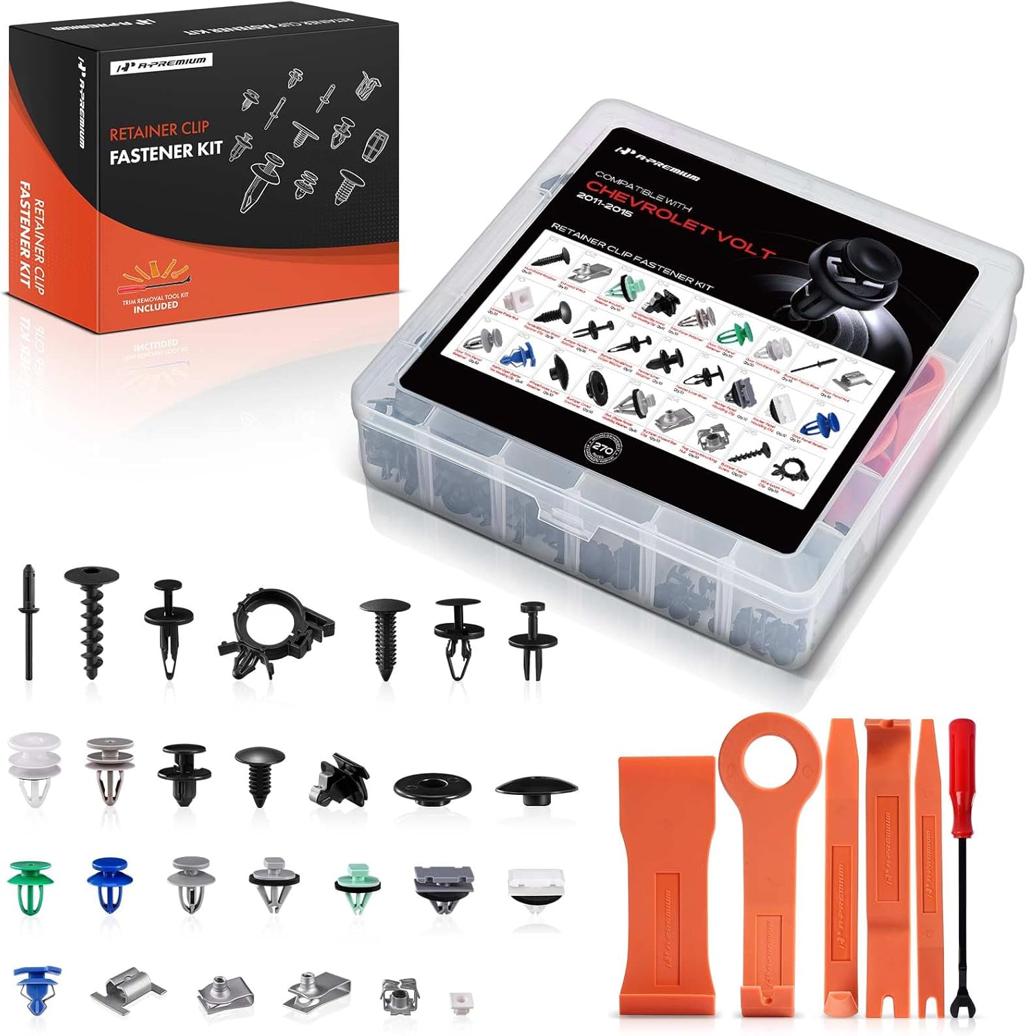 A-Premium 270PCS (27 Sizes/52 oz) Bumper Fender Retainer Clips Kit - Compatible with Chevrolet Volt 2011-2015 - Hood Door Trim Panel Push Pin Plastic Nylon Rivet Fastener Set, w/Removal Tool