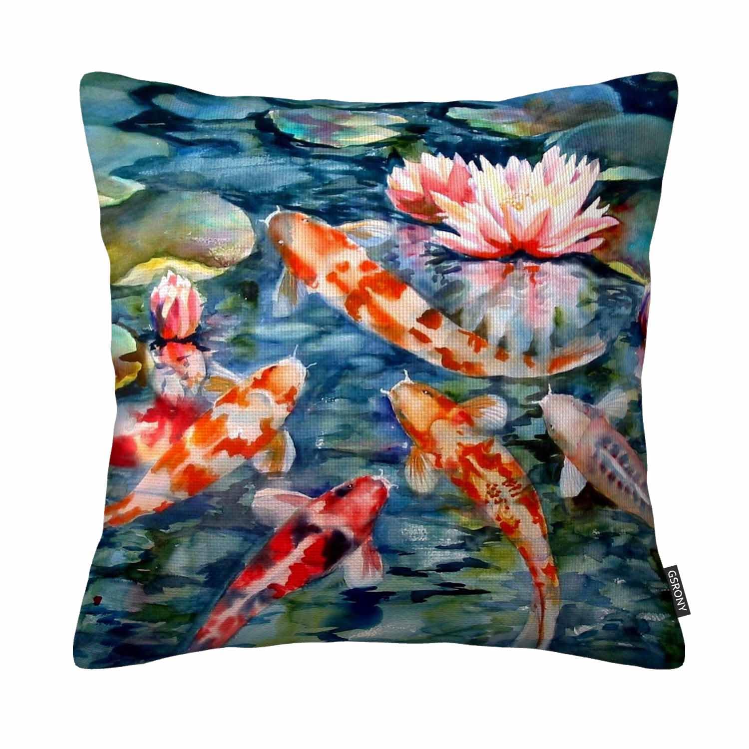 Gsrony Teal Fish Throw Pillow Covers Colorfu Fish Swimming Lily Flower Cushion Pillow Case Home Decor Pillowcase 18X18 Inches