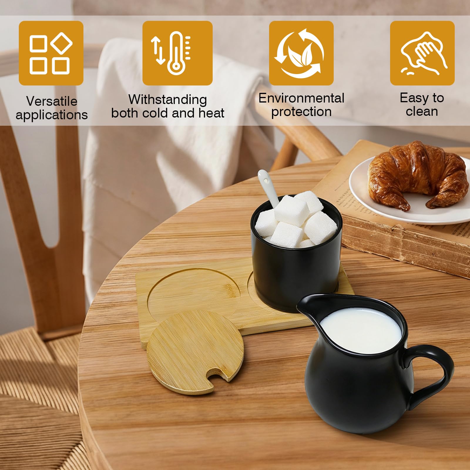 Juego de leche y azúcar con tapa y cuchara, jarra de leche de cerámica y azucarero con bandeja de madera, juego de azúcar para café, jarra de leche, apta para microondas y lavavajillas