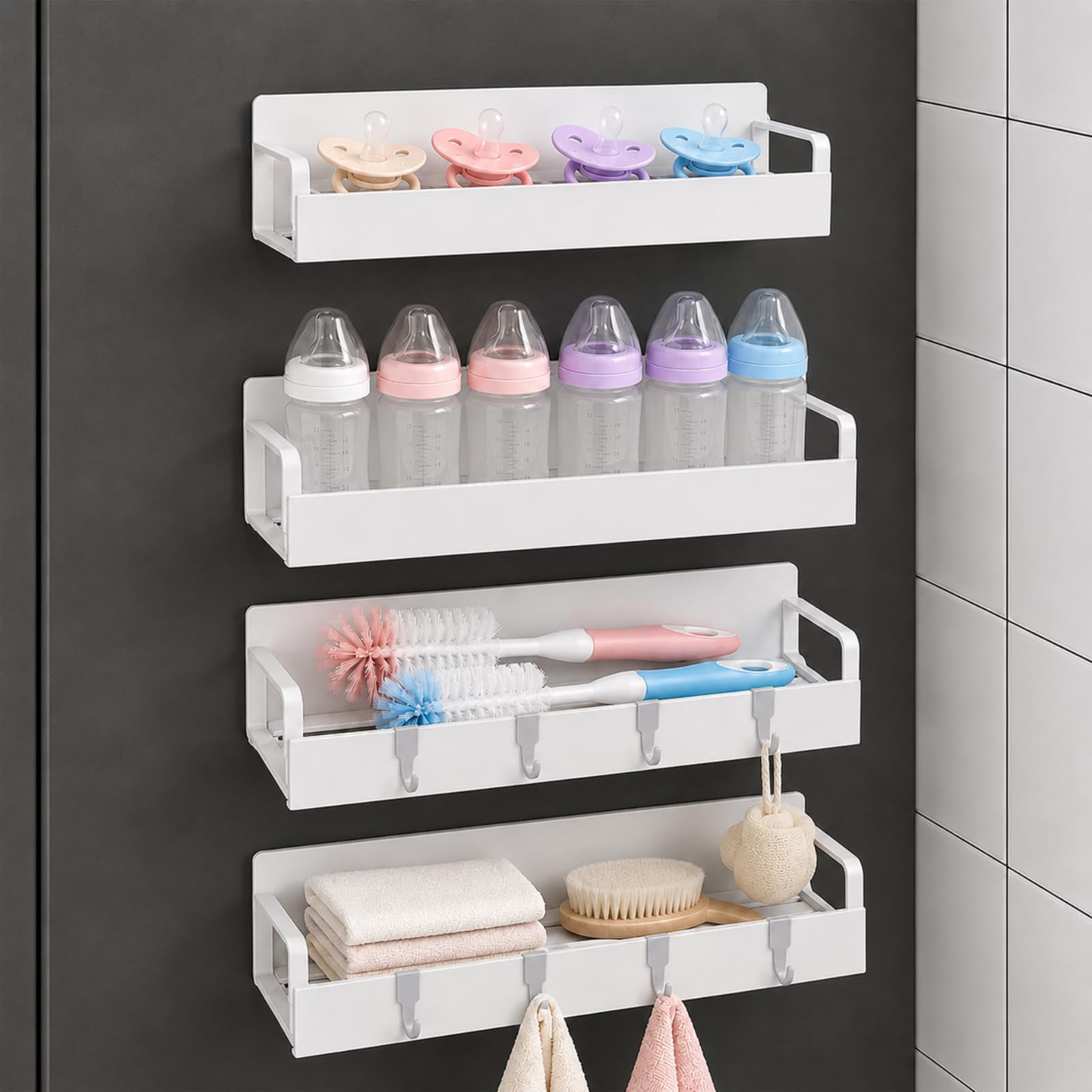 Raoletin 4 Pack White Magnetic Baby Bottle Storage Organiser, Space Saving Clear Refrigerator Storage Trays, Multipurpose Nursery Caddy for Baby Bottles Teats Brushes Pacifiers Kitchen Countertop