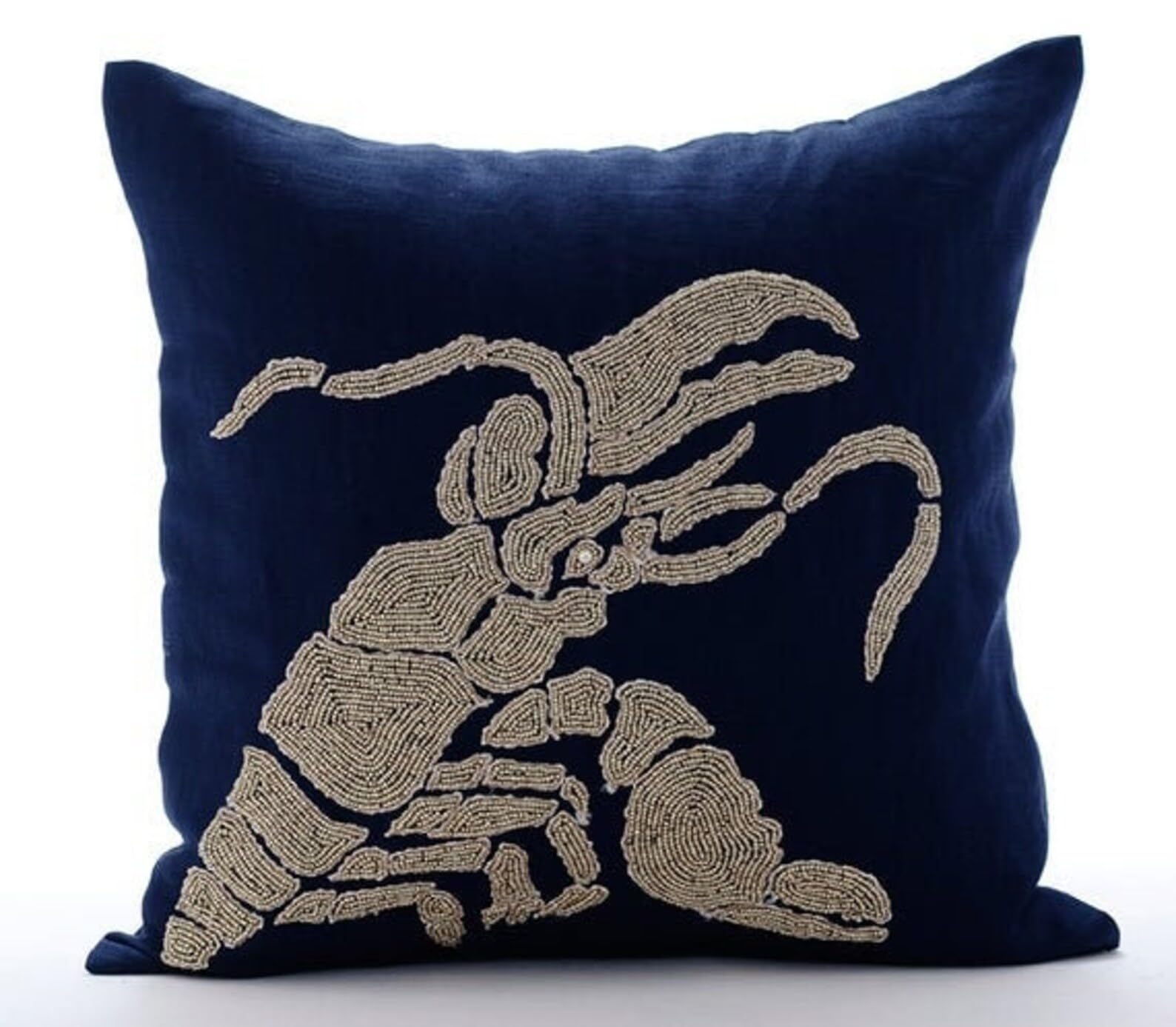 The HomeCentric Navy Blue Sham, Beaded Lobster Sea Creatures Ocean & Beach Theme Pack of 2, 60x60 cm (24"x24") Cushion Sham, Cotton Linen Cushion Sham, Cushion Sham - Lobster At The Shore โ image 1