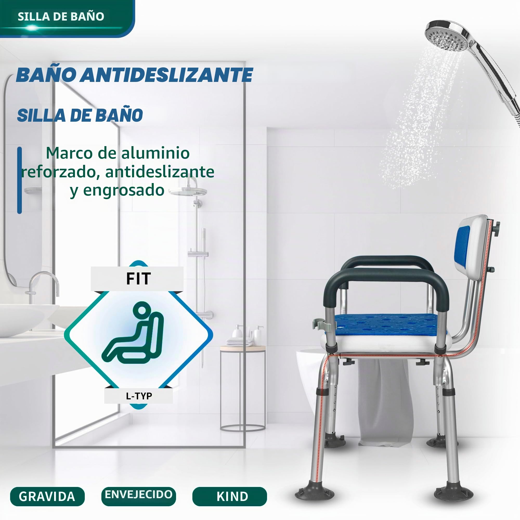 OUUTMEE Silla de ducha con reposabrazos y respaldo, taburete de ducha regulable en altura con 6 posiciones, color azul