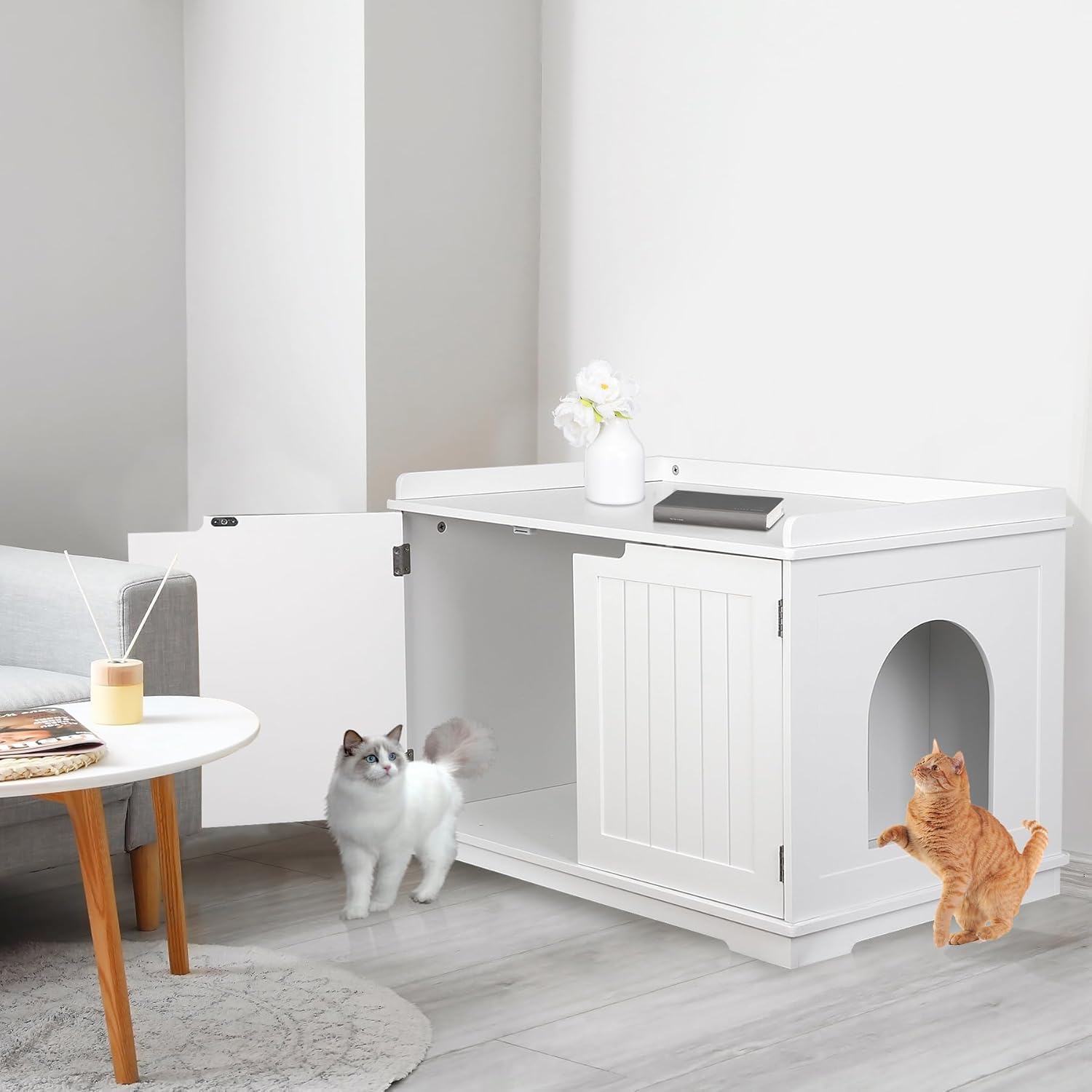 LEMY Cat Litter Box Enclosure,White Wooden Cat Litter Cabinet Hidden Cat Litter Box Furniture with Divider for Large Cats
