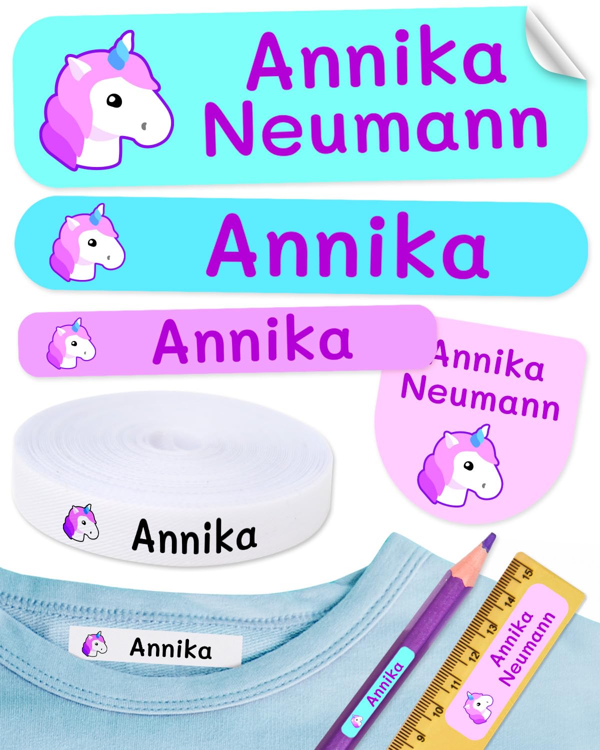 155 pegatinas Nombre personalizadas para marcar ropa y objetos. 100 Etiquetas de tela termoadhesiva para planchar en la ropa + 55 etiquetas adhesivas para objetos resistentes al agua.
