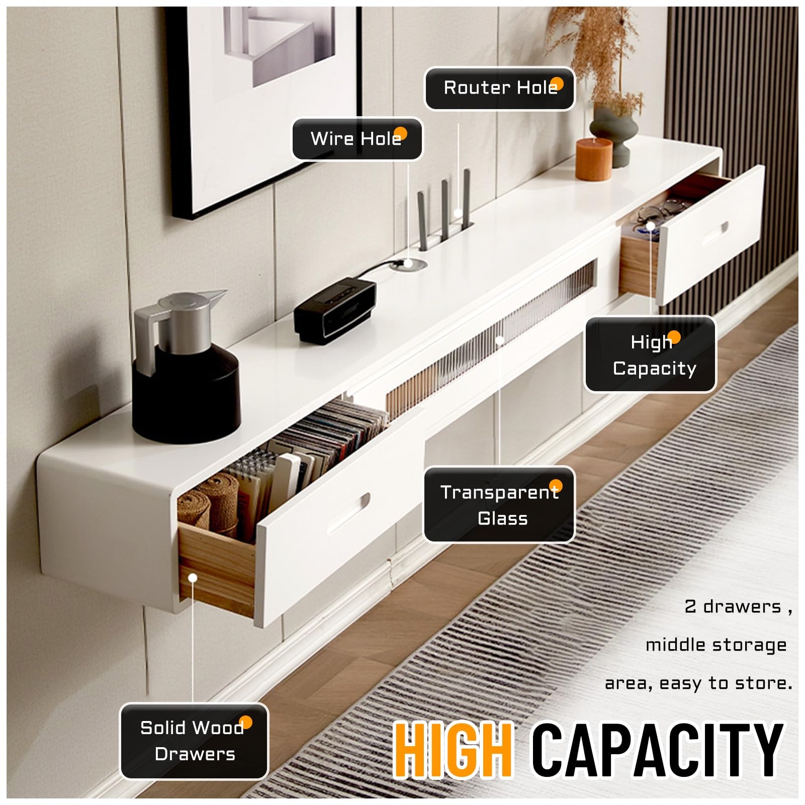 Mobile TV sospeso Bianco Moderno, consolle multimediale a Parete con cassetti, Gestione dei Cavi, Centro di intrattenimento in Legno massello, Elegante ripiano Porta TV (Naturale-A, 240x24x2