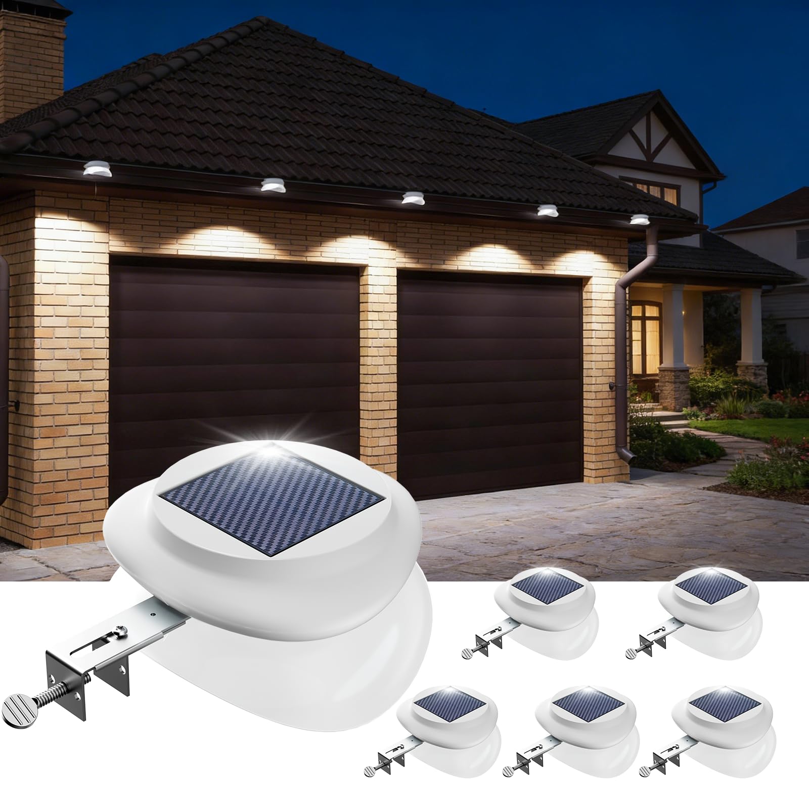 Photo 1 of JSOT Outdoor Gutter Light, Bright Solar Fence Lights, Waterproof Lighting for Patio Eaves Pathway Garden Garage Stairs Wall 2 Installations Methods - Cool White, 6 Pack-White lampshade