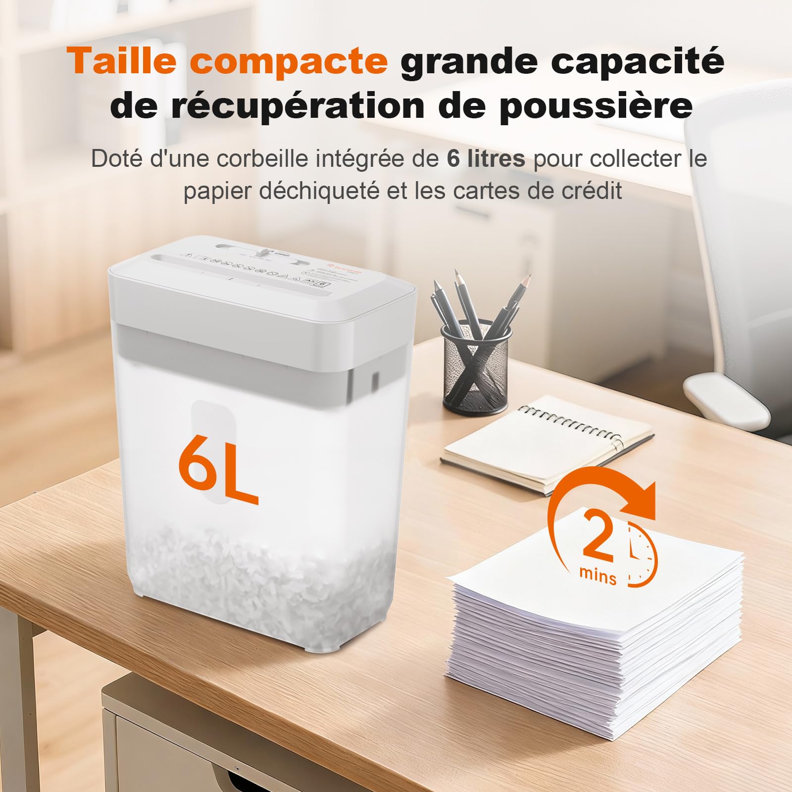 Bonsaii Destructeur de Documents Coupe Croisée 6 Feuilles A5 Haute Sécurité P-4 Bac 6L C292-A