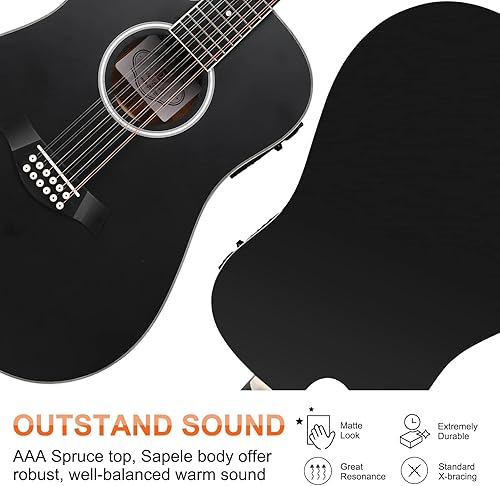 Miniatura 9 de Vangoa Guitarra de 12 cuerdas guitarra acústica eléctrica de 12 cuerdas paquete de guitarra de corte para principiantes adultos adolescentes parte
