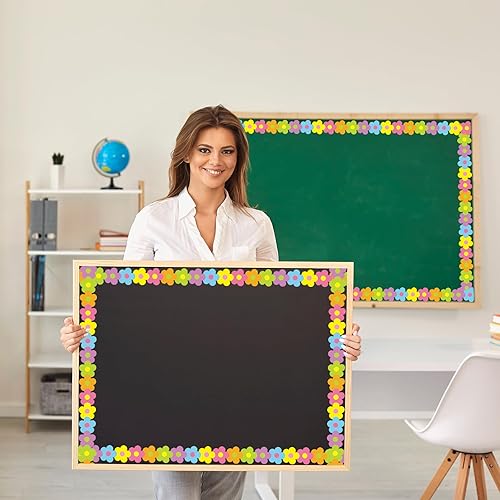 Miniatura 7 de Whaline Tablero de anuncios de flores de color neón de 32.8 pies, borde de vuelta a la escuela, flores bohemias brillantes troqueladas, para