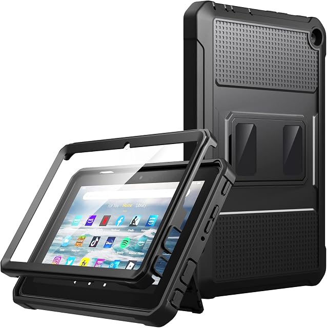 MoKo Case Fits with All-New Kindle Fire 7 Tablet (2022 Release-12th Generation), Full Body Rugged Hands-free Viewing Stand Back Cover with Screen Protector, Black
