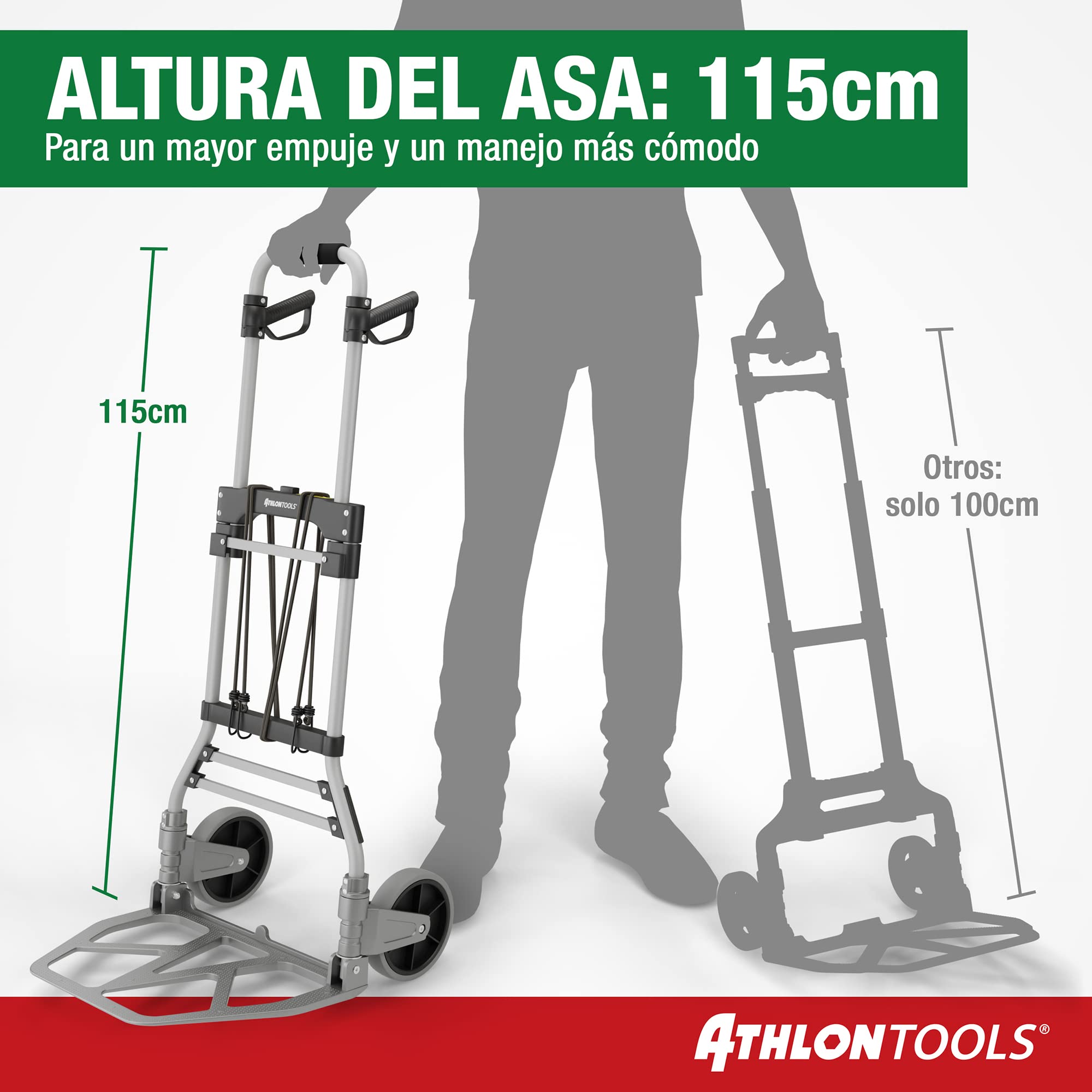 ATHLON Tools Carretilla Plegable de Aluminio para Cargas Pesadas TÜV GS-Certificado | Grandes Ruedas de Marcha Suave con Bandas de Rodadura Blandas | Incluye 2 Cuerdas extensoras - Modelo 2025