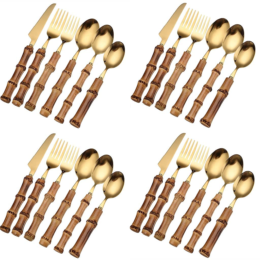 Set di Posate Dorate con Manico, Set di Posate in Acciaio Inox, Utensili da Tavola, Coltello, Forchetta, Cucchiaio, per 12 Persone, 72 Pezzi, per 4 Persone, 24 Pezzi