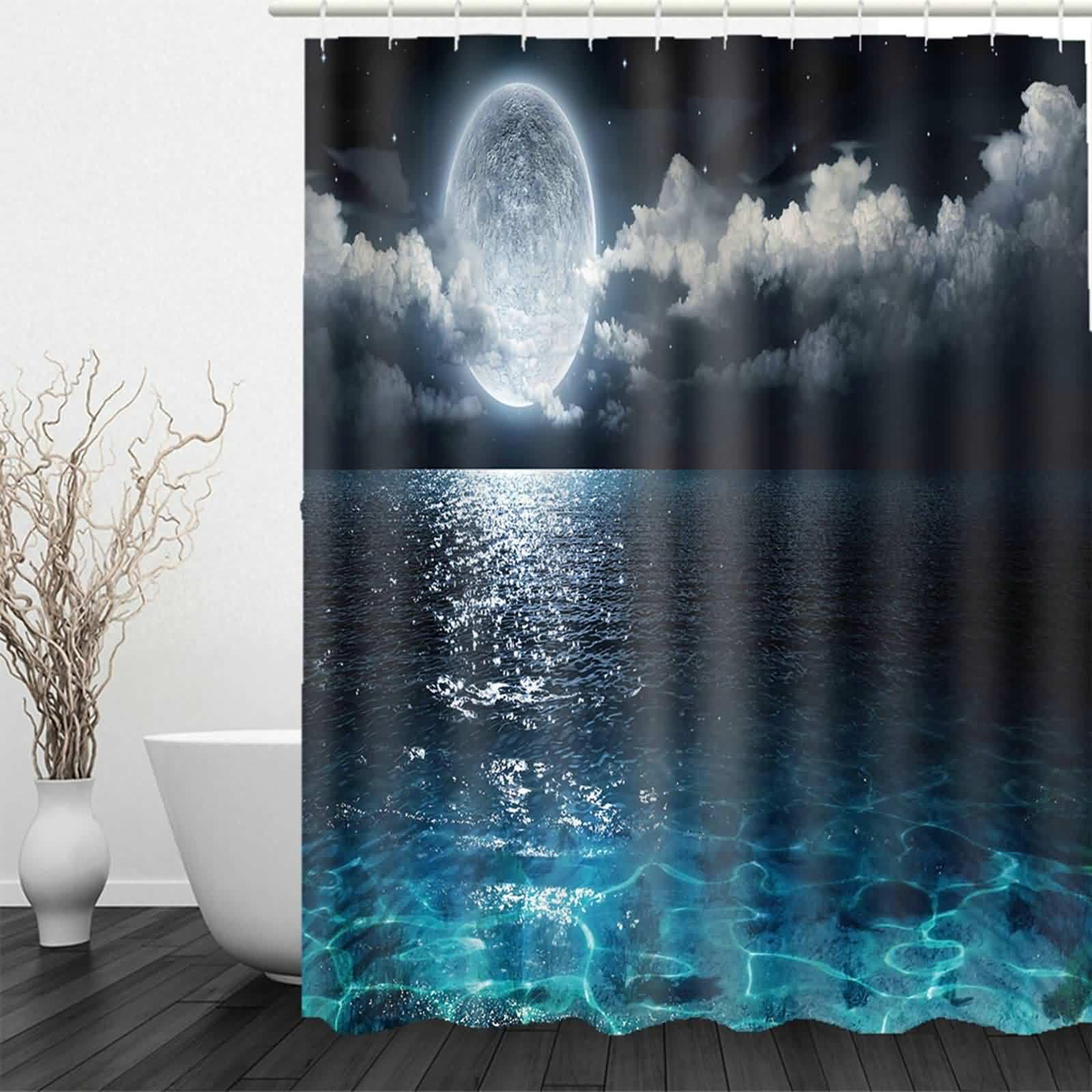 Tenda Doccia Extra Lunga Bagno Finestra Singola Corta La Luna Con Anelli Supporto Scorrevole Tende Per Piccola Blu Scuro 220x180cm
