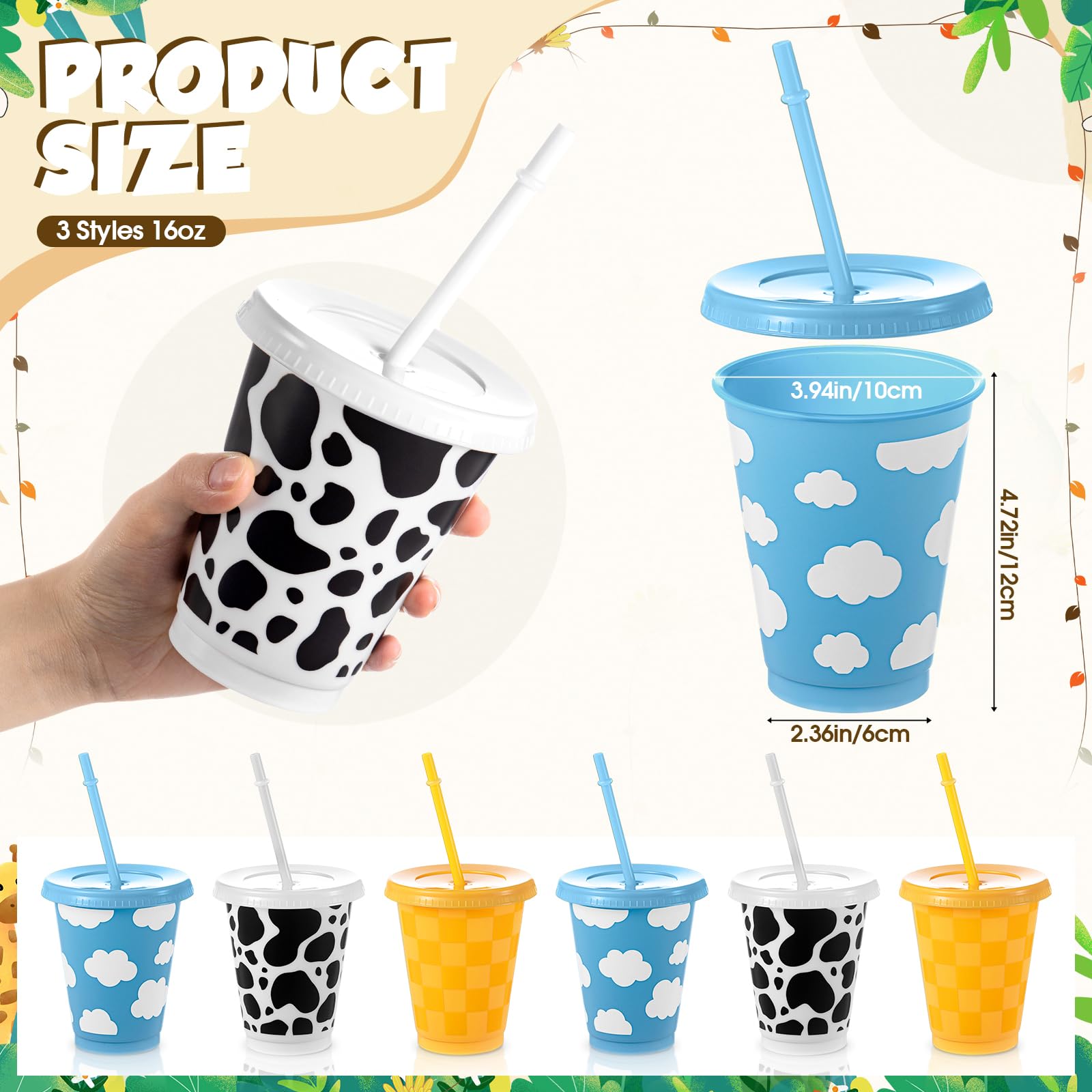 Tioncy 12 vasos de plástico reutilizables de 473 ml con tapa y popote, diseño de dibujos animados, para fiestas de carnaval