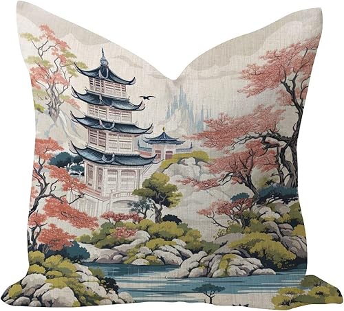 Fundas de almohada de 26 x 26 pulgadas, diseño de pagoda asiática, color blanco, coral, azul, decoración, cómoda, chinoiserie, flores, pájaros,