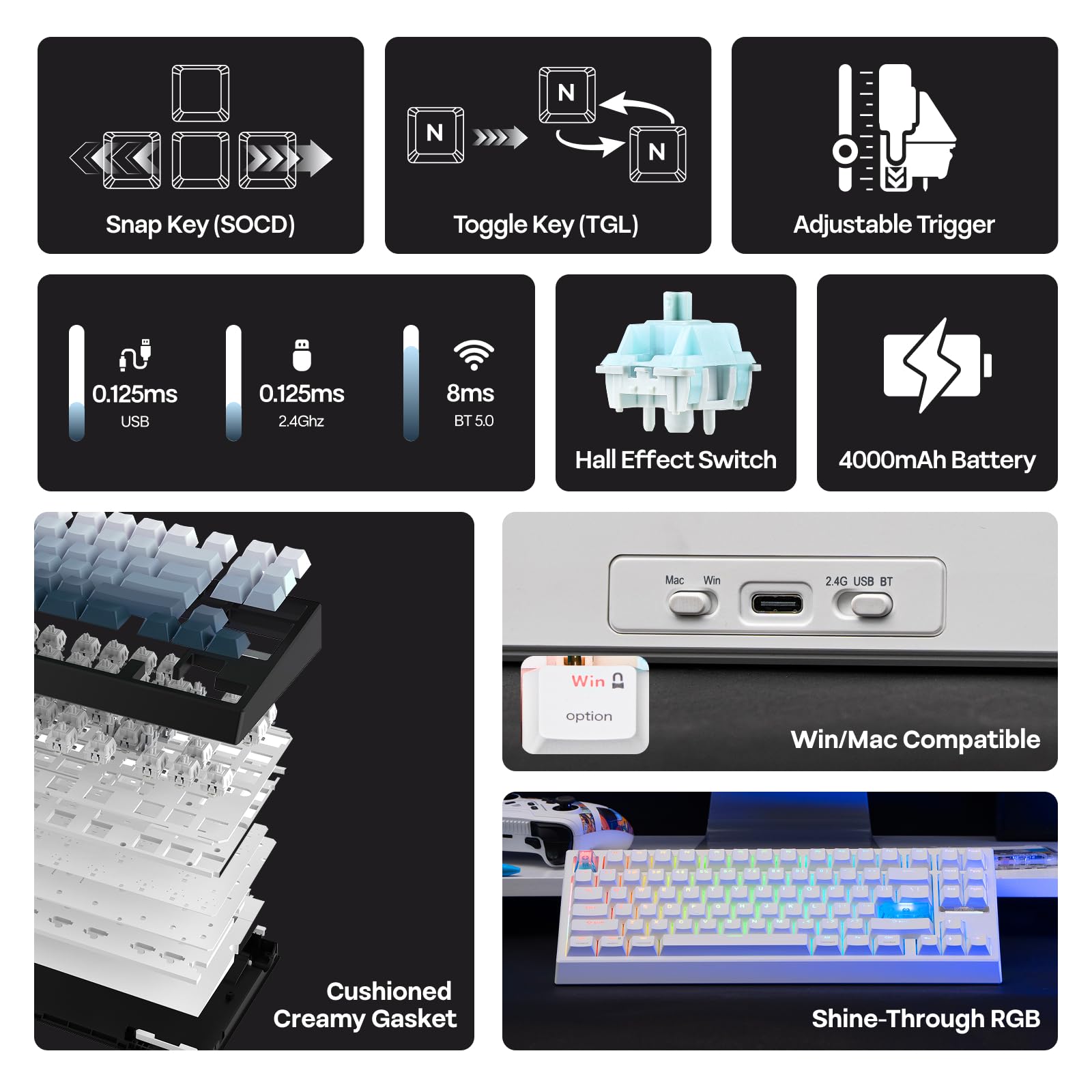 EPOMAKER Bezprzewodowa klawiatura do gier G84 HE, 8K ankieta i 8000 mAh, SOCD i DKS, magnetyczna klawiatura Halla z szybkim wyzwalaniem i regulacją aktywacji, RGB Keycap PBT, hot swap, QWERTY, Win/Mac