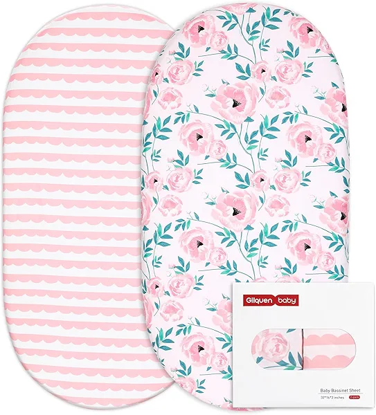 Gllquen Baby Bassinet Sheets Set 2-Pack, Breathable Cozy Bassinet Fitted Sheet Universal Fit Standard Mattress Oval Rectangle Cradle Baby Sheets for Baby Boy Girls Unisex 32"x16" (Pink Flower)