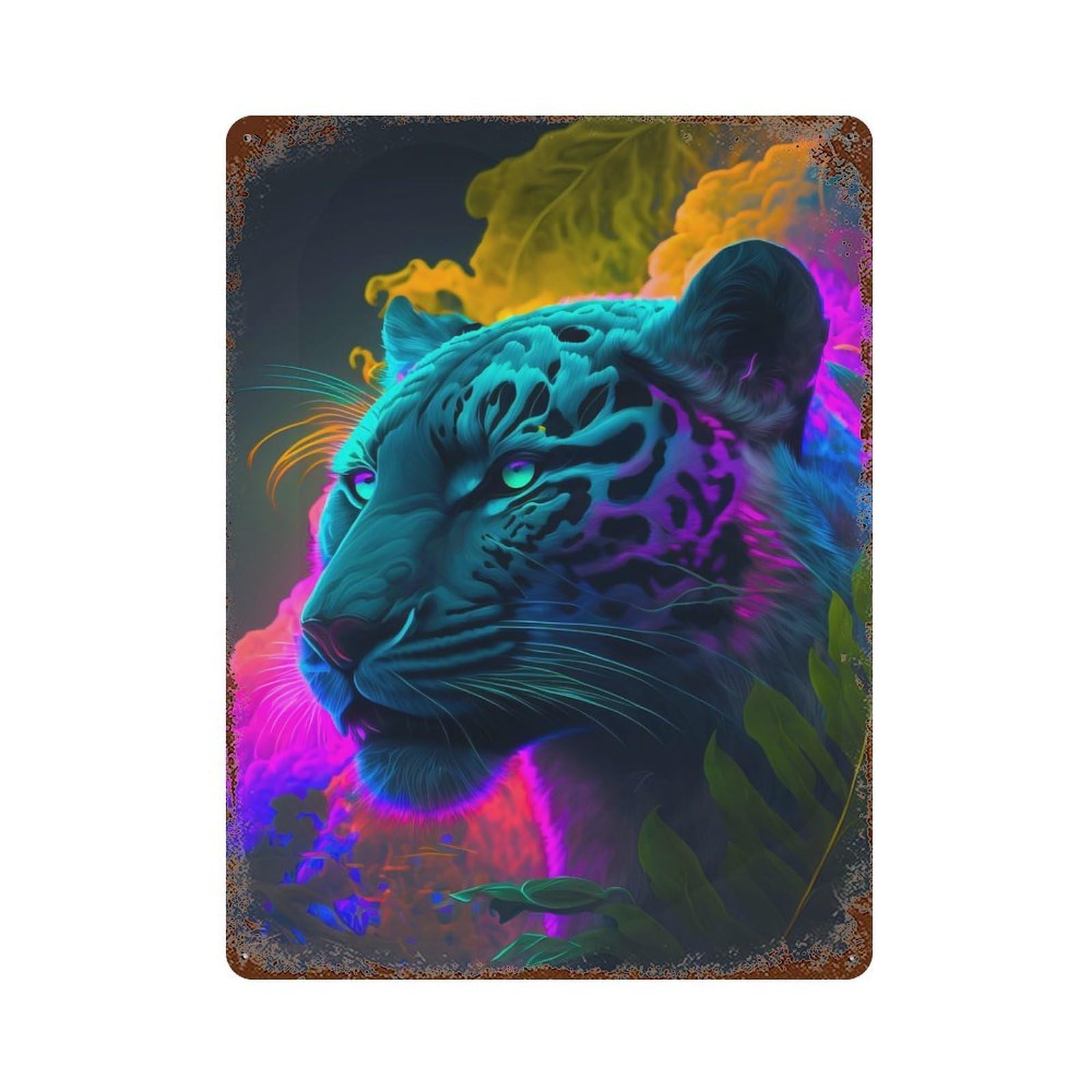 Neon Tiger Portrait Rust Effect Tin Sign 15.7"x11.8", Industrial Home Decor for Garage, Bar And Workshop Decor