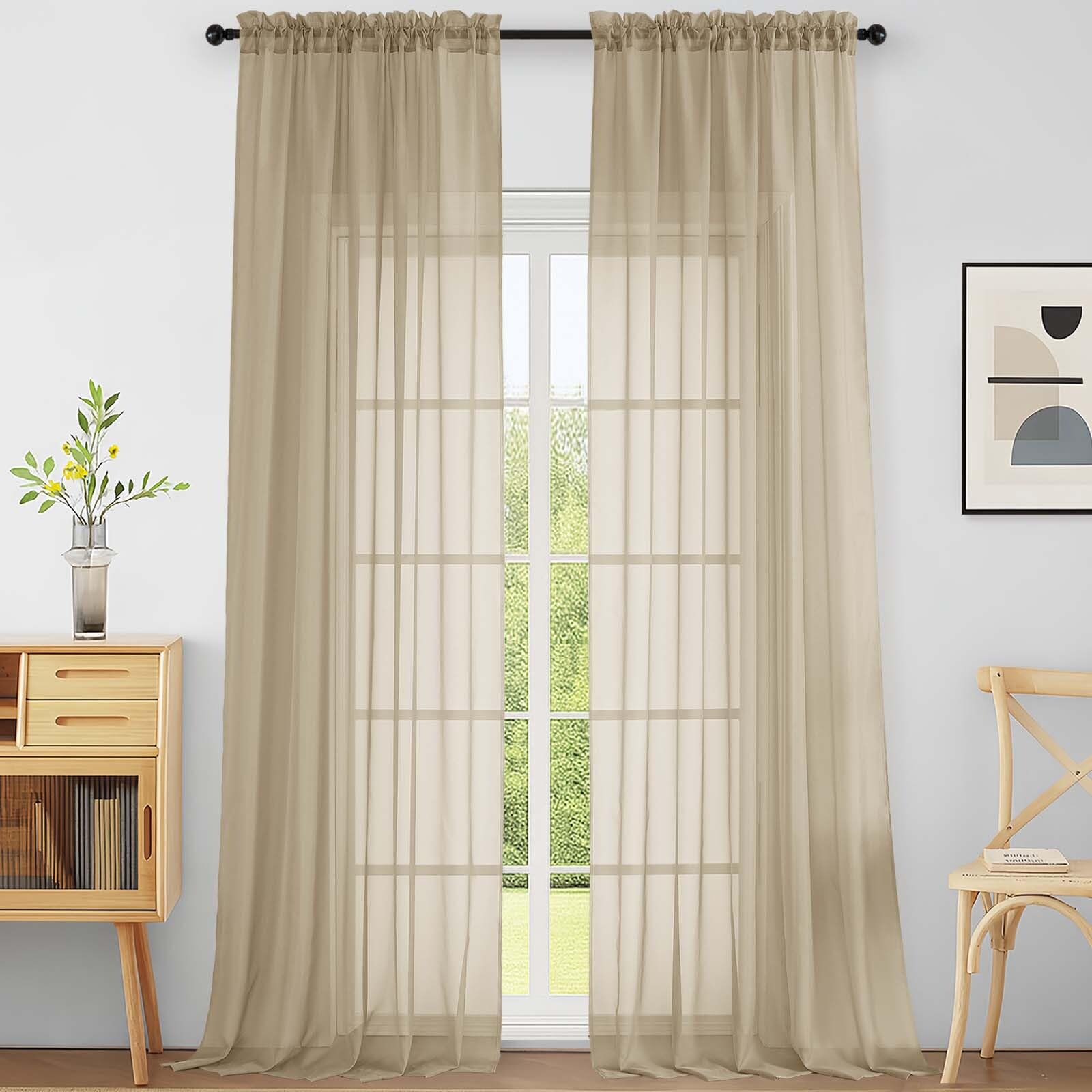 Ebesto Extra Wide Taupe Sheer Curtains for Windows 108 inches Long, Lightweight Light Filtering Soft Drapes for Living Room Bedroom, Dual Rod Pocket Sheer Curtains, 2x59Wx108L inches, 9FT, 2PCS — image 1