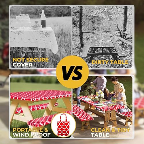 Miniatura 5 de RNOONY - Funda ajustable para mesa de pícnic con fundas para bancos y bolsa, impermeable, a prueba de viento, de exterior, 6 pies, bordes elásticos,