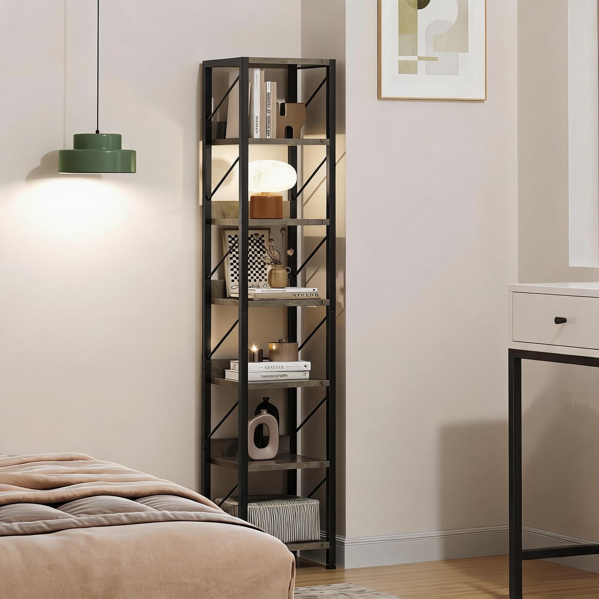 IDEALHOUSE 6-Tier Tall Narrow Bookshelf, Industrial Skinny Bookcase - Metal Frame - Freestanding Open Display Storage Rack for Small Spaces, Anti-Tip Kit, Adjustable Feet - Grey