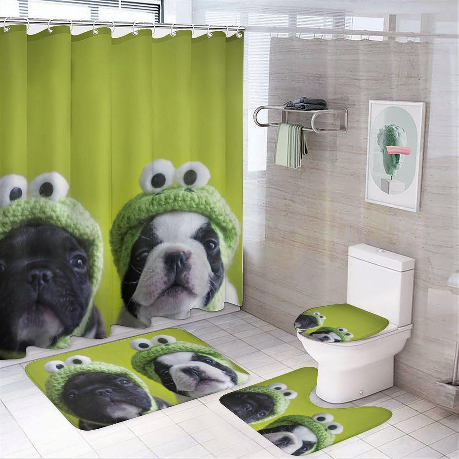 Wlntrophic Bathroom Mat Set 4 Piece, French Bulldog with Frog Hat Shower Curtain with Non-Slip Bath Mats for Bathroom