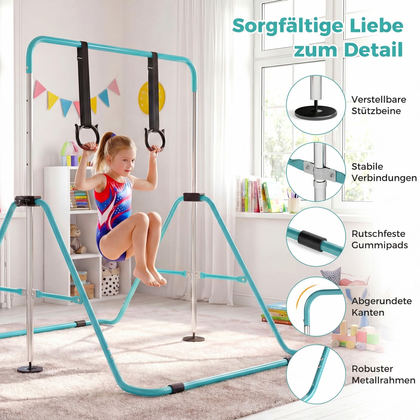 COSTWAY Gymnastikstange Kinder faltbar, Reckstange mit 4 Verstellbarer Höhen & Turnringe, horizontale Turnstange für Indoor & Outdoor, Turnreck erweiterbar für Kinder von 3-12 Jahren