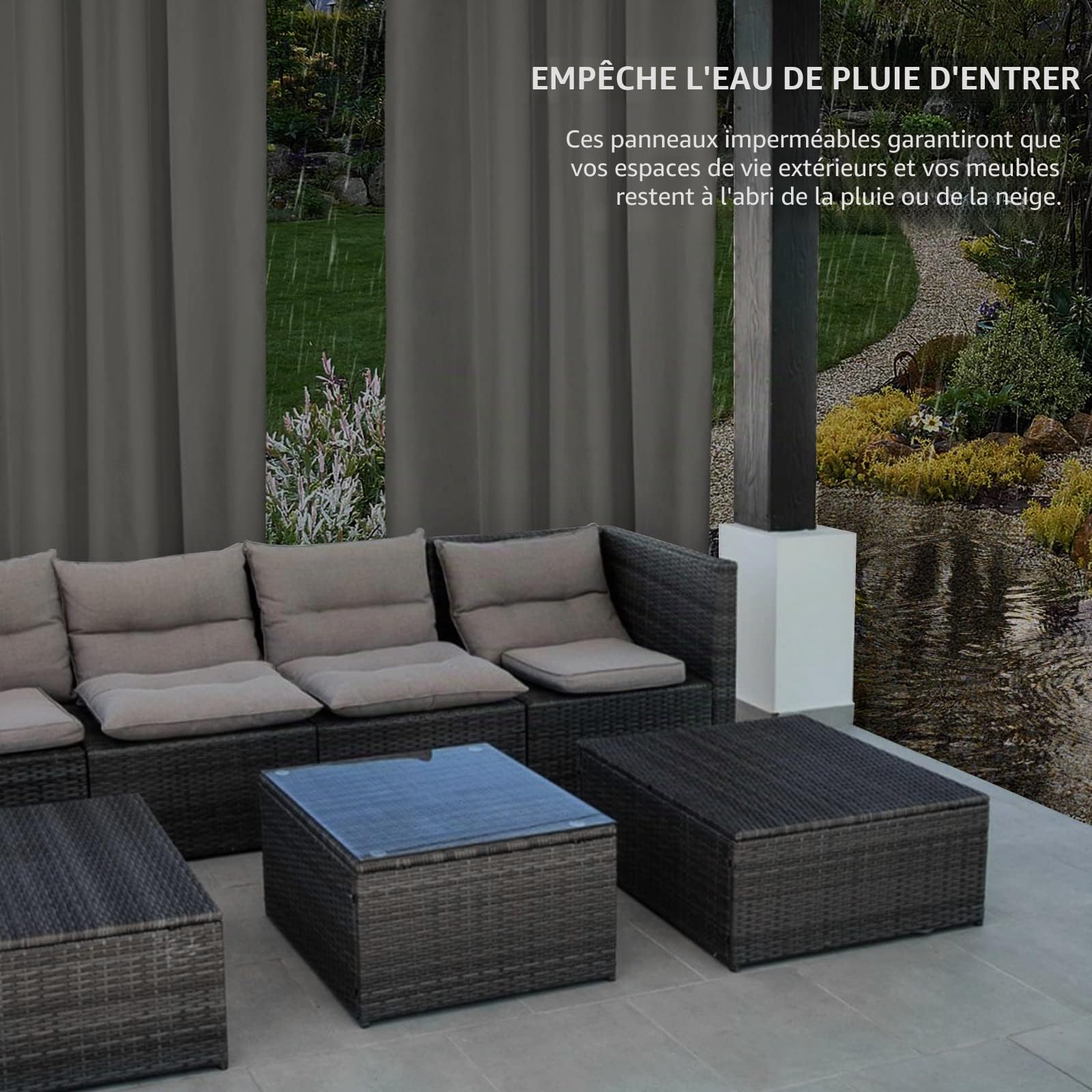 Easy-Going Lot de 2 Rideaux 100% imperméables pour extérieur, Coupe-Vent, résistants aux intempéries, Panneaux épais à œillets pour terrasse, tonnelle et pergola, 137 x 213 cm, Gris foncé