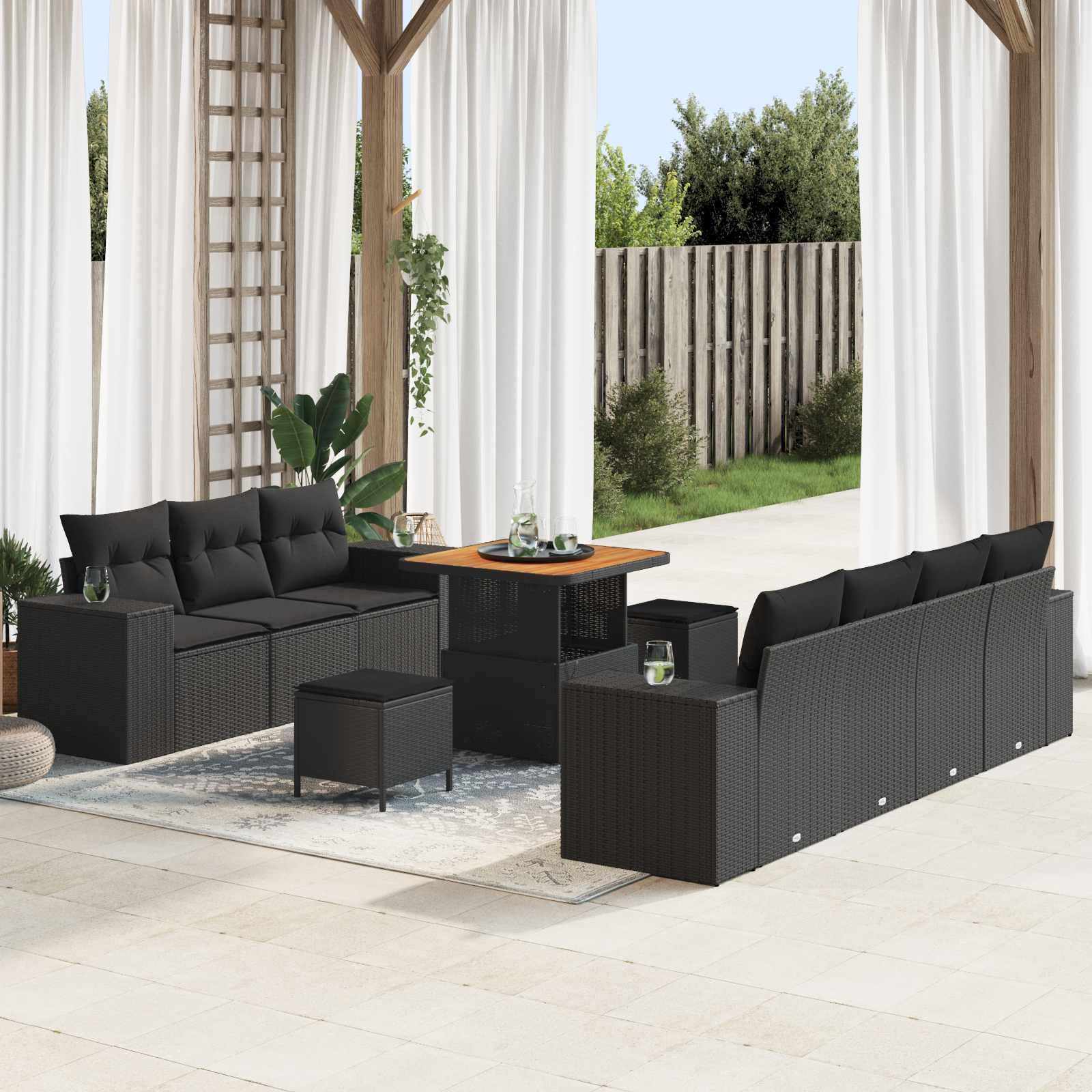 Zestaw Sof Ogrodowych z Poduszką 10 Części Czarny Modułowy Rattan poli Ogrodowy Salonik Ogród Taras Narożnik Meble Wypoczynkowe z Stół Stołki 276x204x85 cm Wysoka Jakość Odporność UV