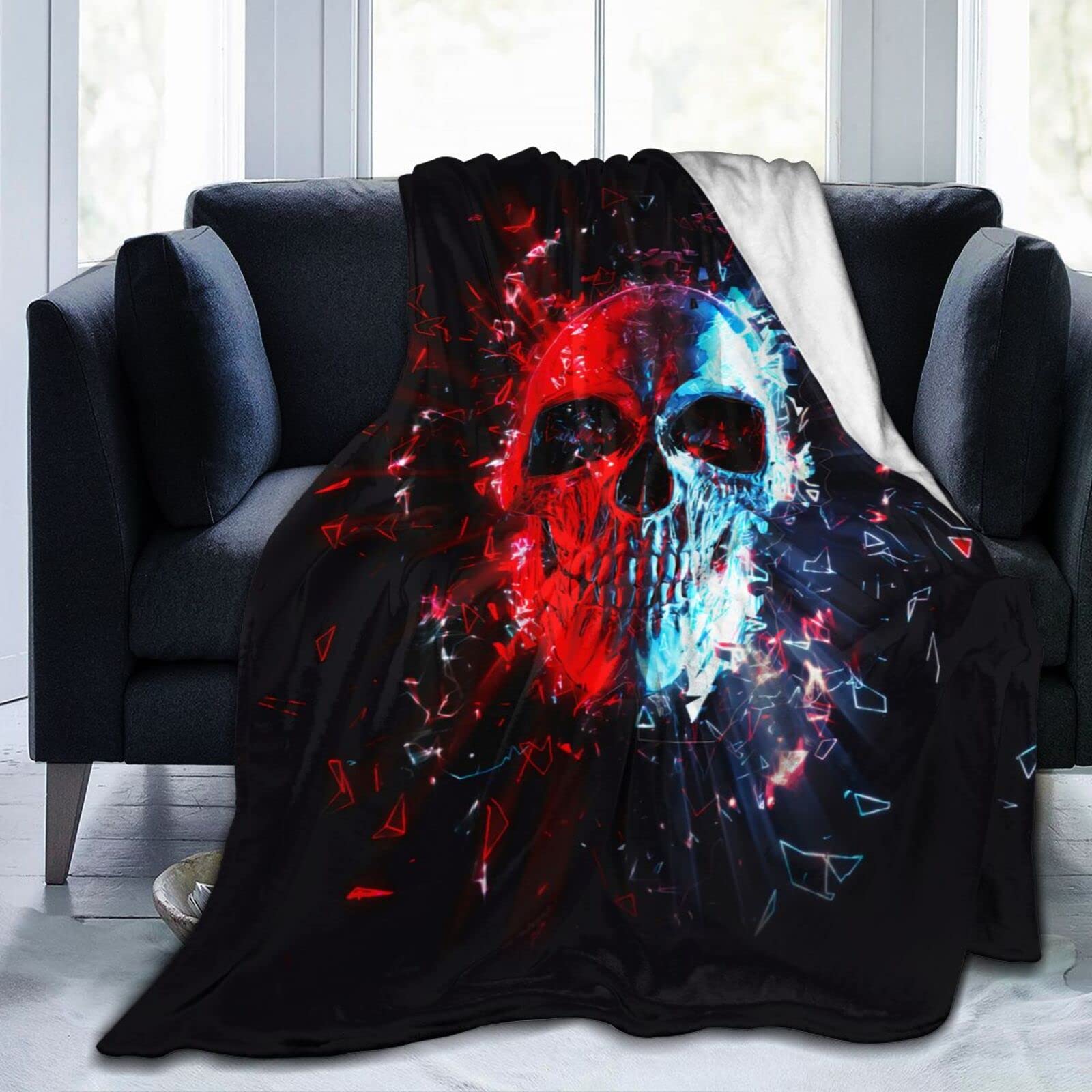 Lsjuee Red and Blue Neon Glowing Skull Throw Blanket Scary Halloween Design Blankets Lightweight Soft Cozy Flannel Blanket for Sofa Couch Bed Office 80"X60"